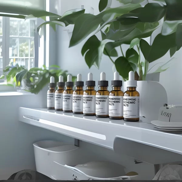12 Homeopathic Biochemic Salts neatly displayed in a lab
