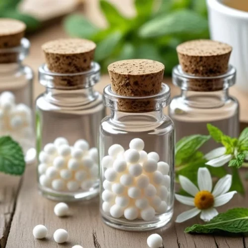 Homoeopathy bottles with herbs and tea for treating allergic rhinitis naturally