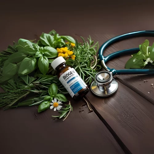 Biogen Homeopathic Medicine Bottle with Natural Background
