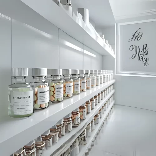 High-quality homeopathic tablet bottles arranged in a professional clinical setting