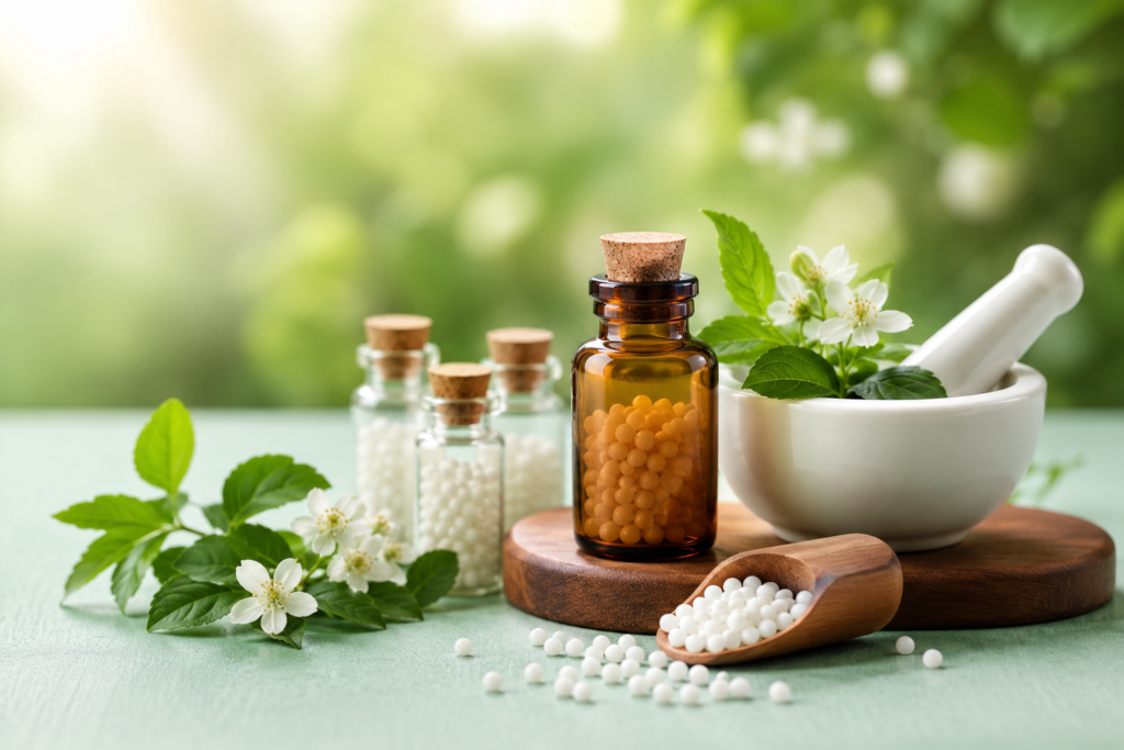 Homeopathic medicine bottles, herbal ingredients, and a mortar and pestle arranged in a clean natural wellness setting