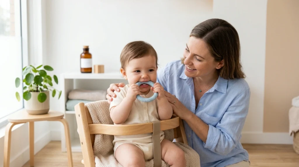 Baby using a teething ring for relief from teething discomfort