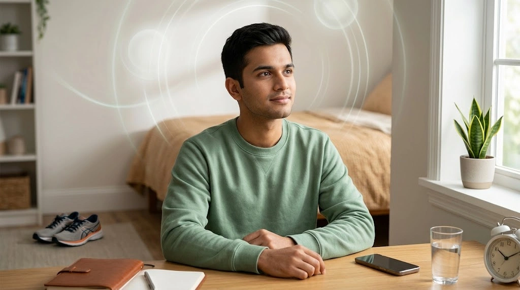 Young man managing nightfall anxiety through healthy lifestyle and recovery habits