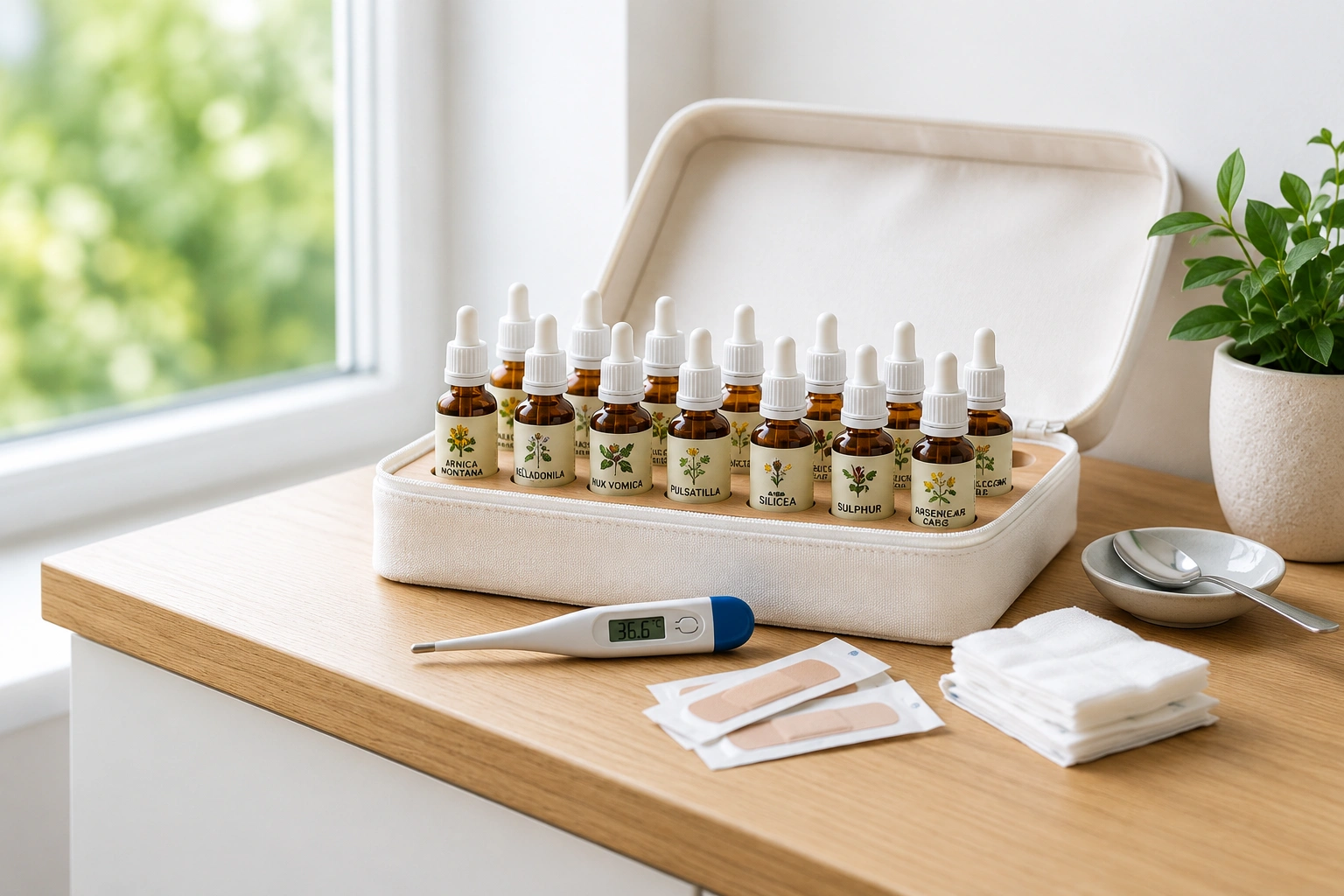 Homeopathic medicines arranged in a home first-aid kit