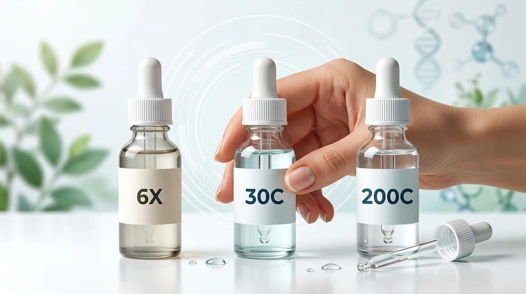 Homeopathic medicine bottles showing 6X 30C and 200C potencies