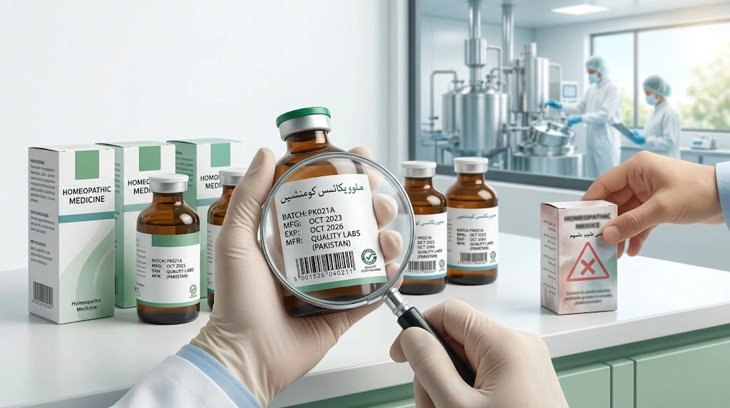 Checking homeopathic medicine packaging for authenticity in Pakistan