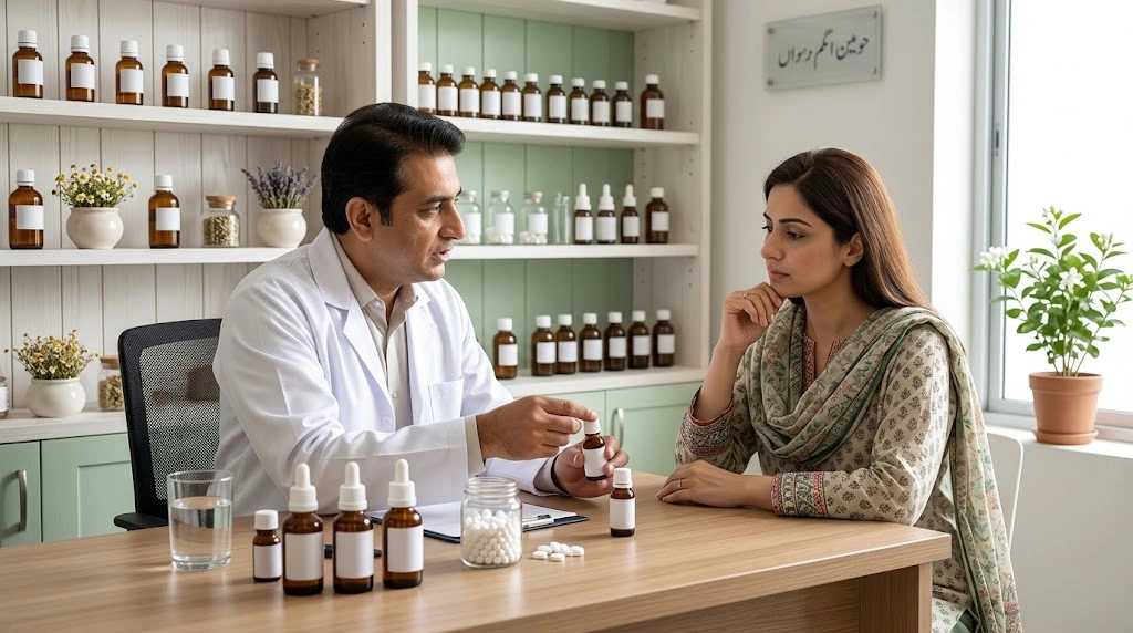 Homeopathic medicine bottles and remedies during a consultation for beginners in Pakistan