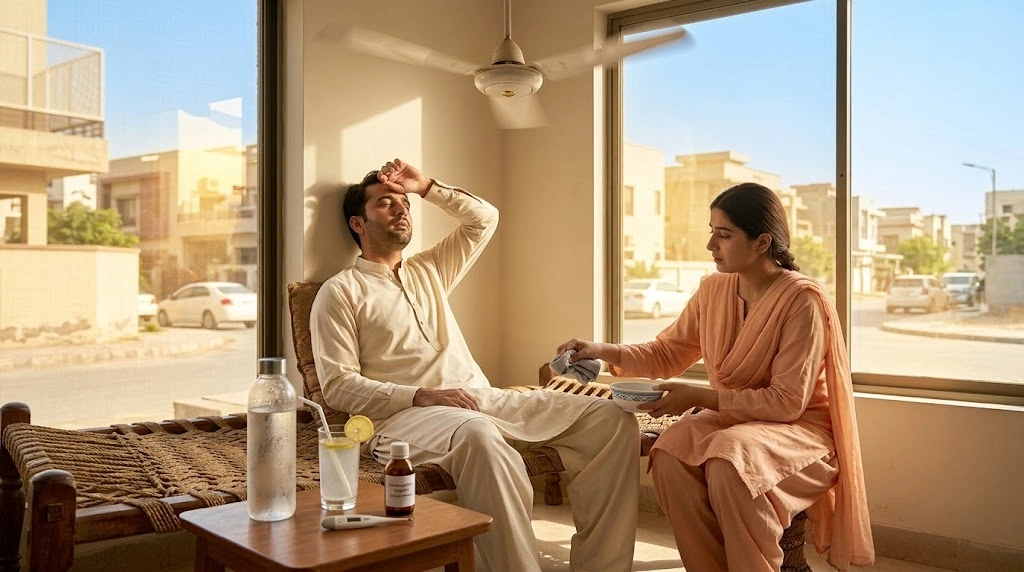 Pakistani family practicing heat stroke prevention and hydration during summer