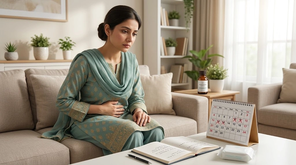 Pakistani woman experiencing heavy and irregular period symptoms