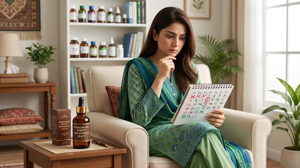Pakistani woman tracking heavy and irregular periods with homeopathic medicine