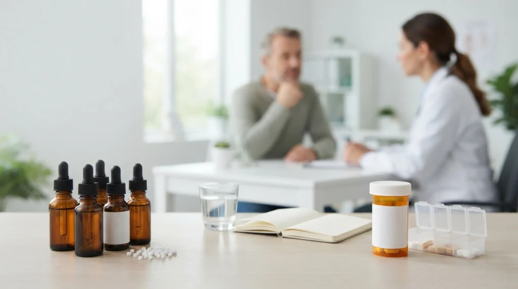 Homeopathic drops and allopathic tablets placed side by side