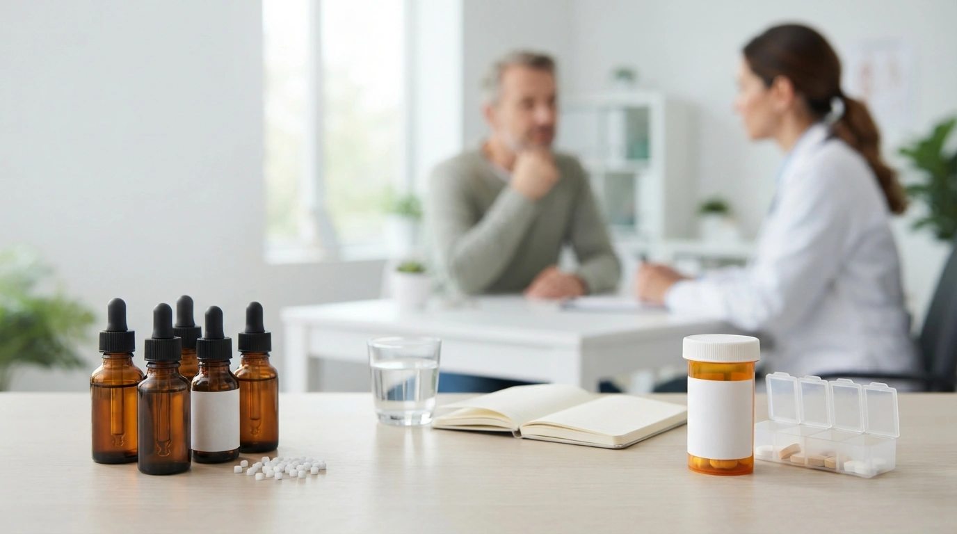 Homeopathic drops and allopathic tablets placed side by side