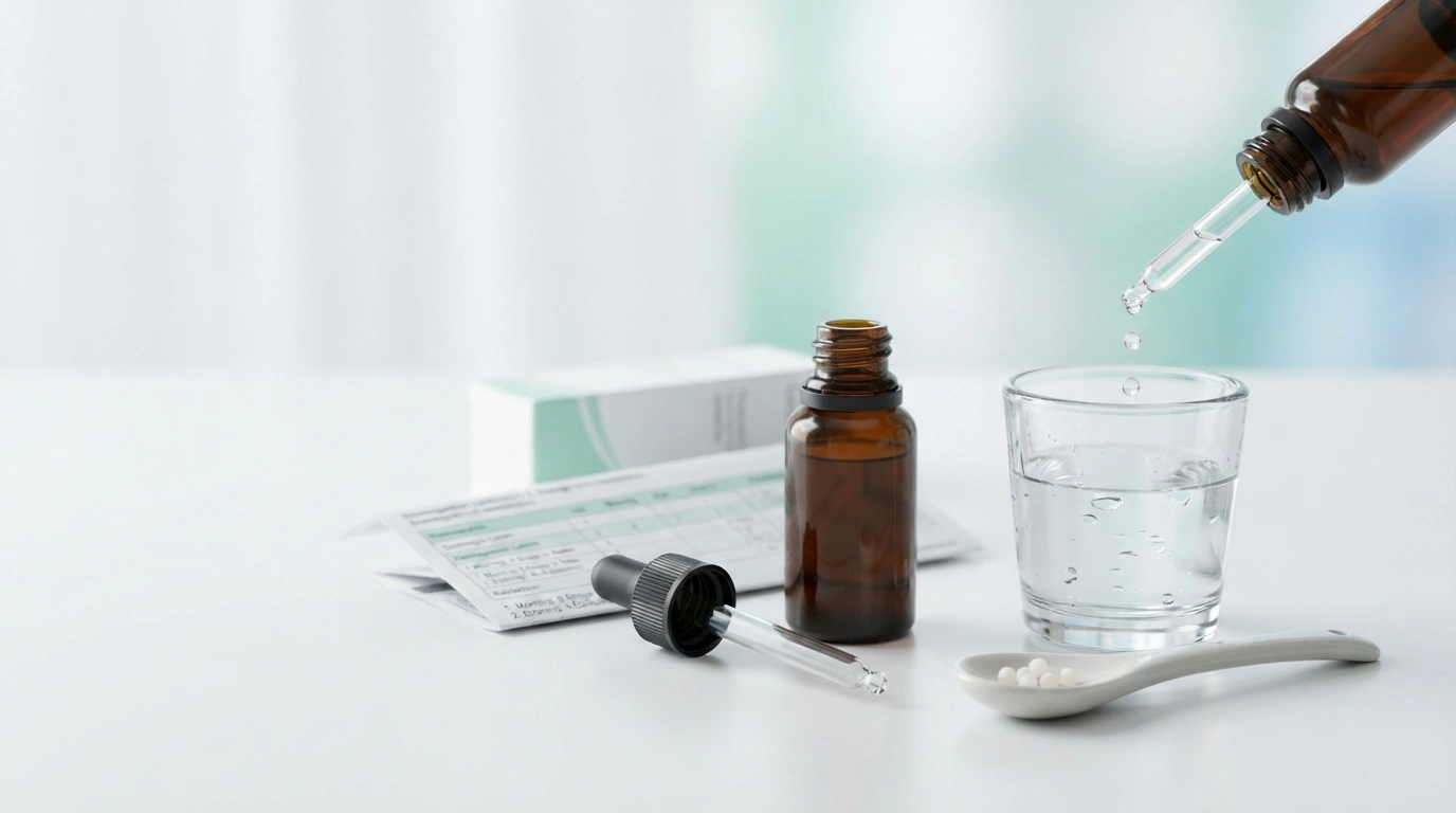 Dropper bottle and tablets showing homeopathic medicine dosage