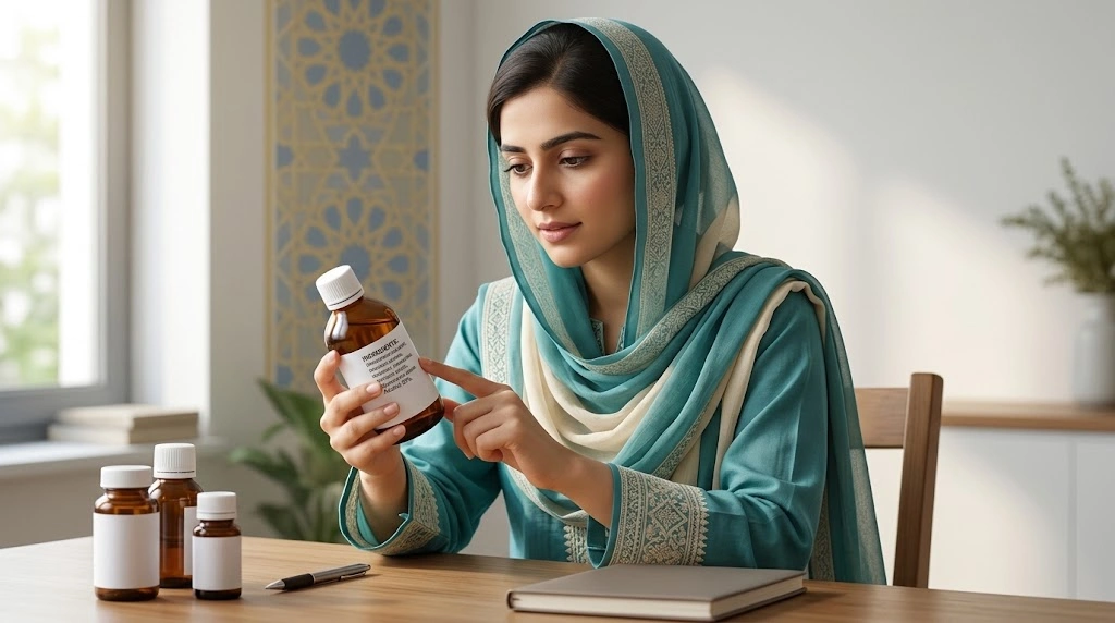 Pakistani Muslim woman checking homeopathic medicine ingredients for halal suitability