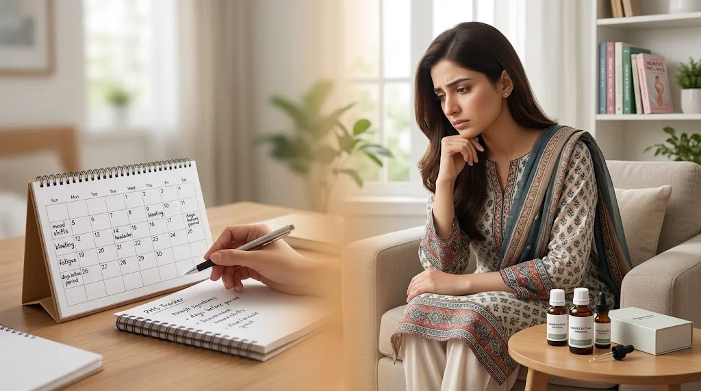 Pakistani woman tracking PMS symptoms with homeopathic medicine