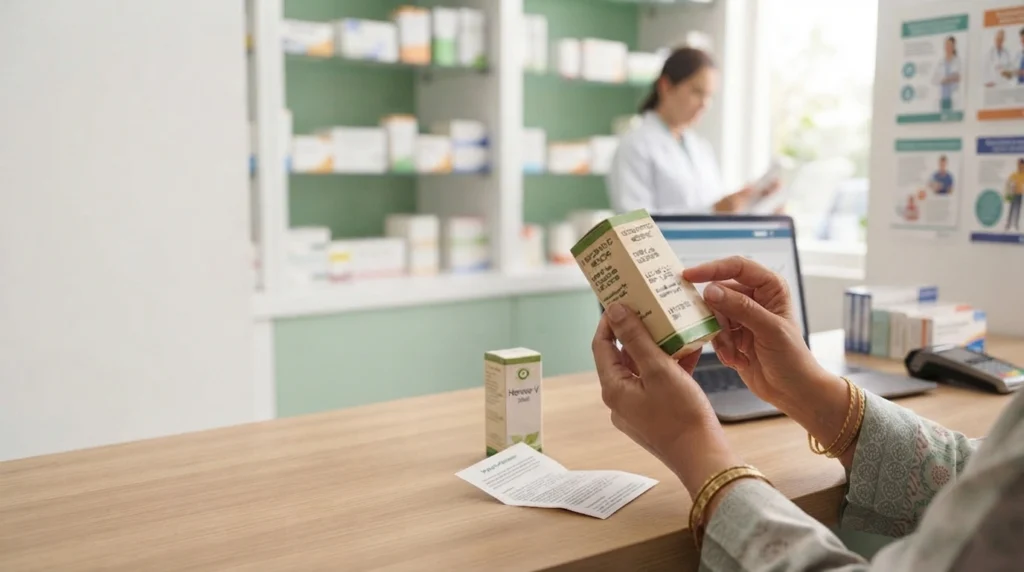 Close-up of a medicine carton showing the printed DRAP enlistment number on the label