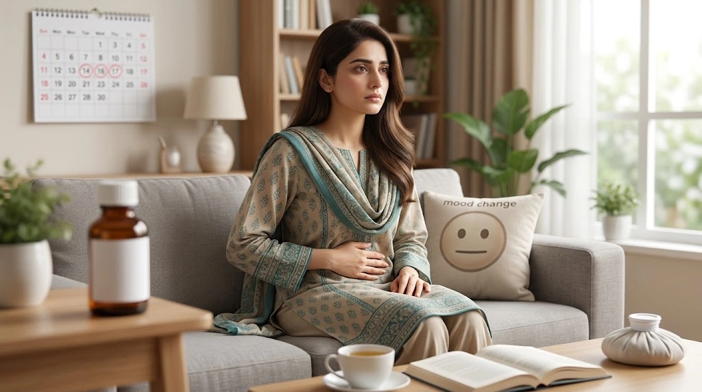 Pakistani woman experiencing PMS symptoms and considering natural homeopathic relief
