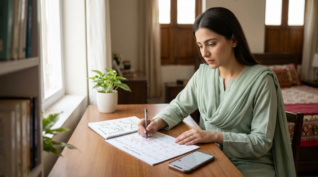 Pakistani woman tracking missed menstrual periods in a cycle diary for an amenorrhea health guide