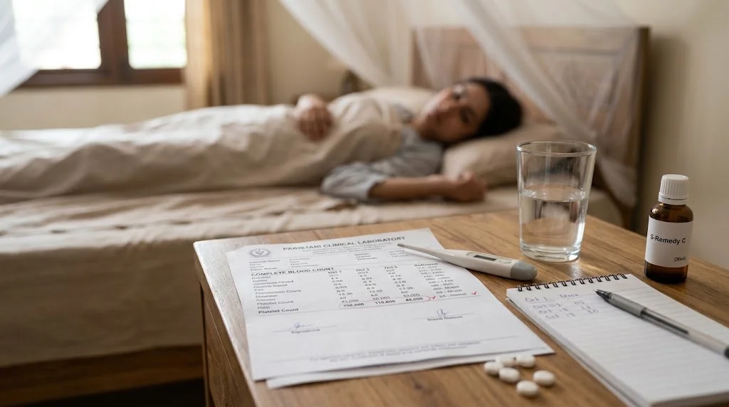Dengue fever with falling platelet count monitoring and supportive care
