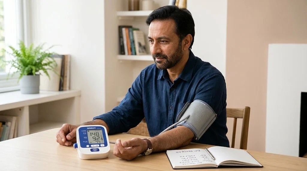 Digital blood pressure monitor used to check hypertension in an adult man