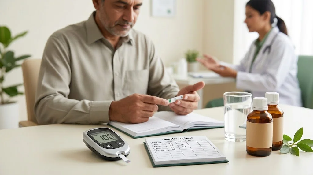 Homeopathic medicine for diabetes shown beside a blood glucose meter and sugar monitoring logbook
