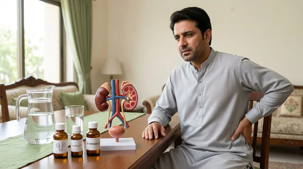 Kidney stone anatomical model, homeopathic medicine bottles and drinking water for a kidney health guide